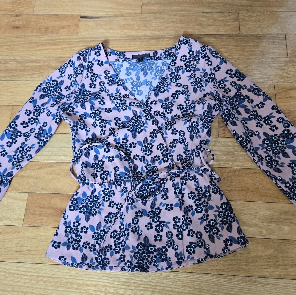 J. Crew Pink and Blue Long Sleeve Wrap Blouse